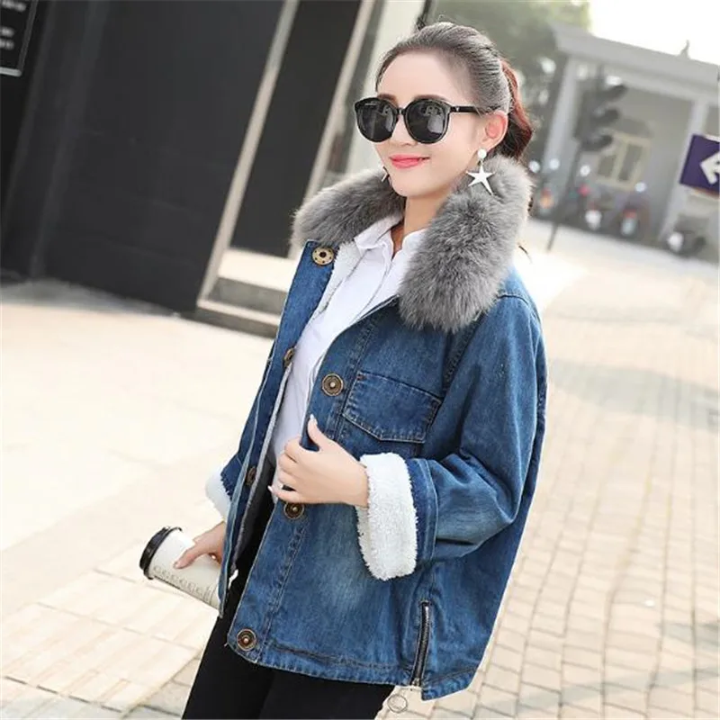Épaissir Automne Femelle 2018 Court Femmes De Veste Nouvelle Blue Jean Imitation Col Agneau Hiver Paragraphe Outwear Cheveux Fourrure coréen Lâche En rqHr10