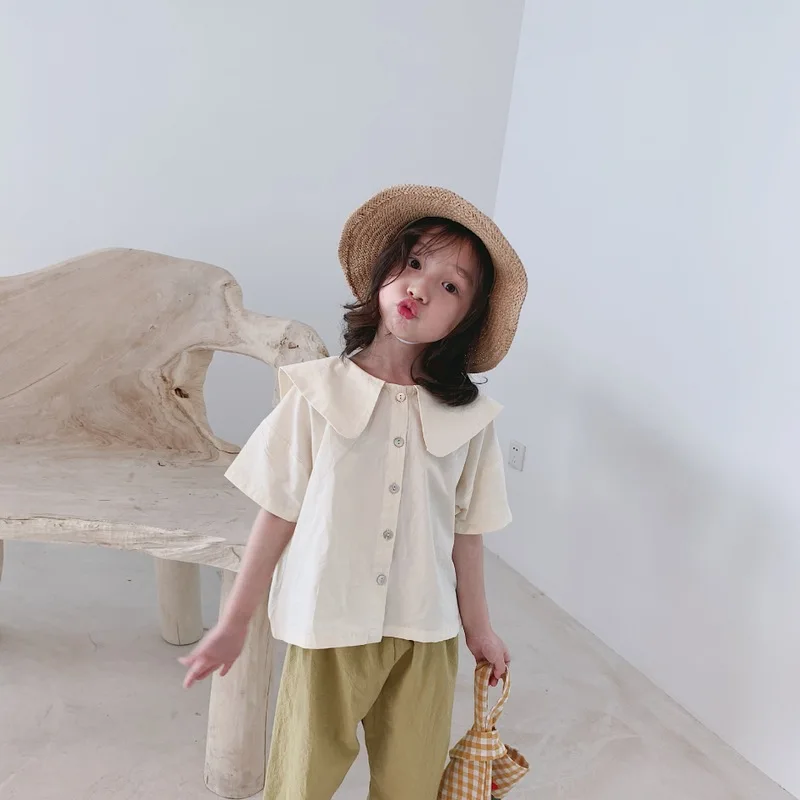 

2019 summer new children cotton lovely big lapels loose shirts baby girls short sleeves tops kids clothing