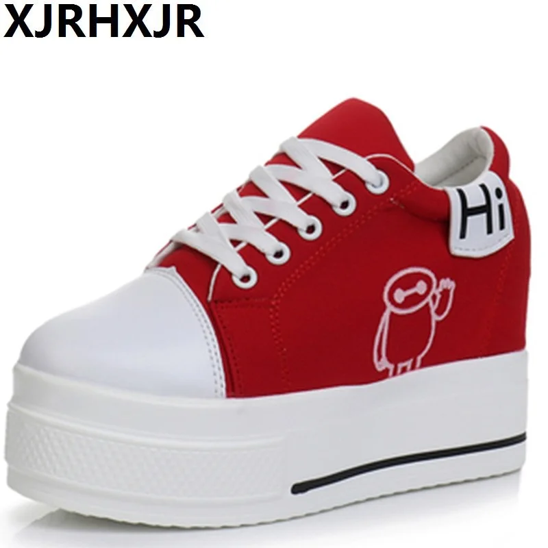 

XJRHXJR 8CM Hidden Heels Women Platform Wedge Sneakers Ladies Canvas White Shoes Female Height Increase Tenis Feminino Casual