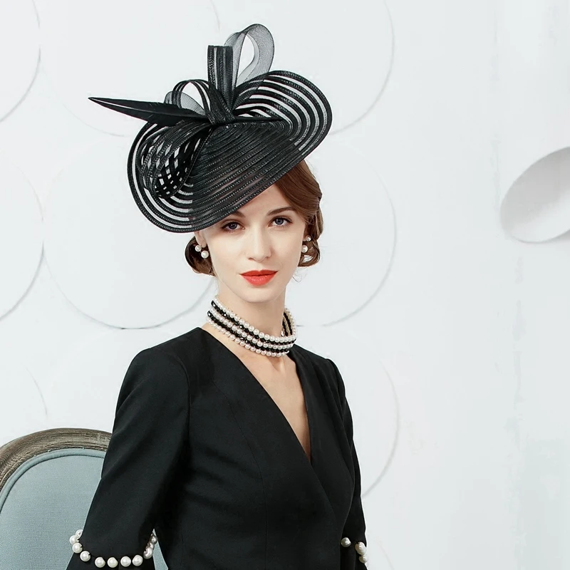 

Lady Black Fedoras Hat Wide Brim Linen Fedora Vintage Floral Hat Summer Cap Womens Church Kentucky Derby Hats B-8113