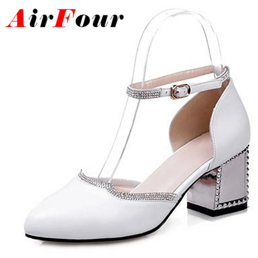 

ENMAYER  Pointed Toe Square heel Ankle Strap Shoes for girls nice Pink White Pumps Buckle Strappy Women Pumps