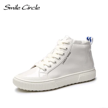 

Smile Circle Patent leather Sneakers Women Lace-up High-top Flat shoes 2018 Ladies Fashion Platform casual shoes white red black