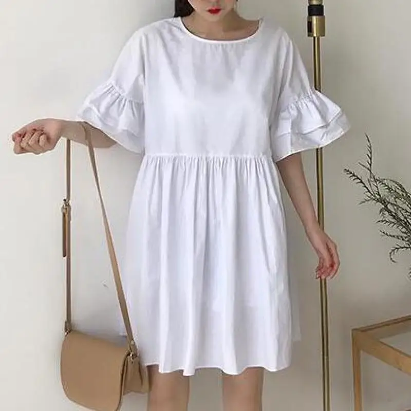 

Summer Korean Double-layer Lotus Leaf Sleeve Loose Dress Three-color Loose Thin Sleeve Short-sleeved Dress