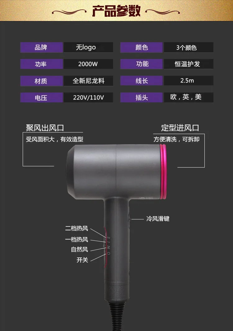 Фен для волос с отрицательными ионами, для салона, дома, высокая мощность, горячий и холодный воздух, фен для волос с постоянной температурой, 110 В/240 в, 2000 Вт