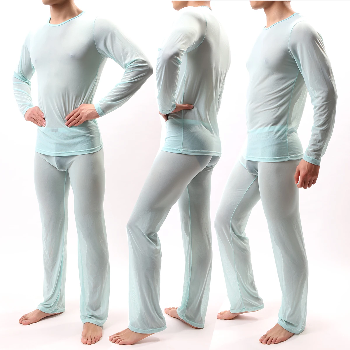 Сексуальный пижамный комплект для мужчин, прозрачные шелковые футболки без швов, тонкая мужская футболка и штаны, пижама, сексуальные мужские пижамы, одежда для сна