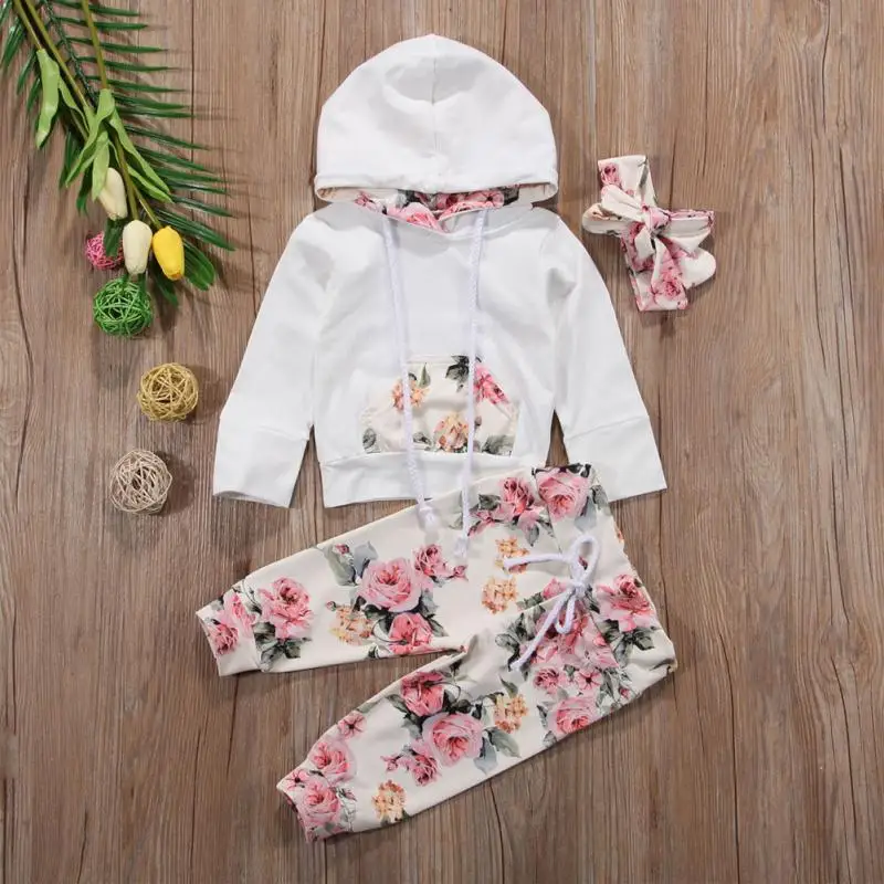 

2019 Fashion Toddler Baby Girl Kids 3PCS Floral Sweatshirt Hoodies+Pants Outfit with Headband Casual Playsuit In Spring/Autumn