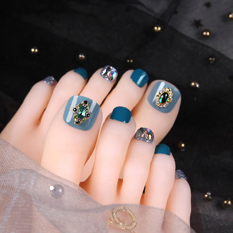 24pcs Light Blue Small Fresh Style Summer Fake Toe Nails Short Full Cover Wearable Detachable Glitter Diamond Toenail Tips False Nails Aliexpress
