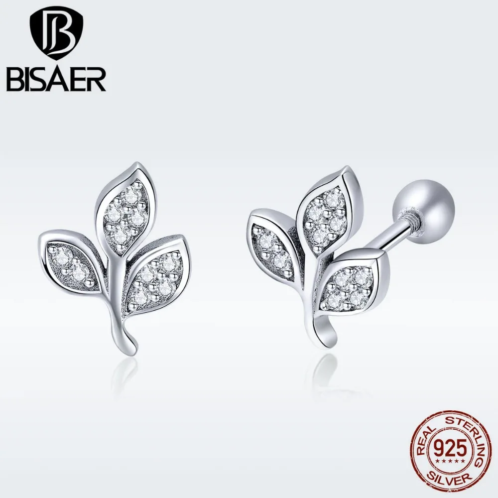 BISAER 925 пробы Серьги-гвоздики с листьями серебряного дерева модные серьги с листьями растений для женщин ювелирные изделия Brincos Bijoux ECE431