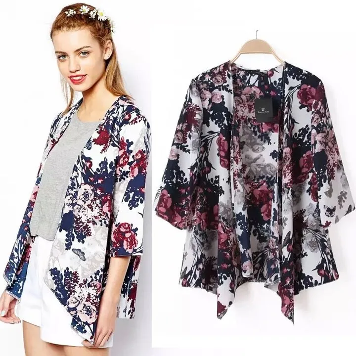 fashion women Spain style chiffon kimono cardigan tassel Regular Floral