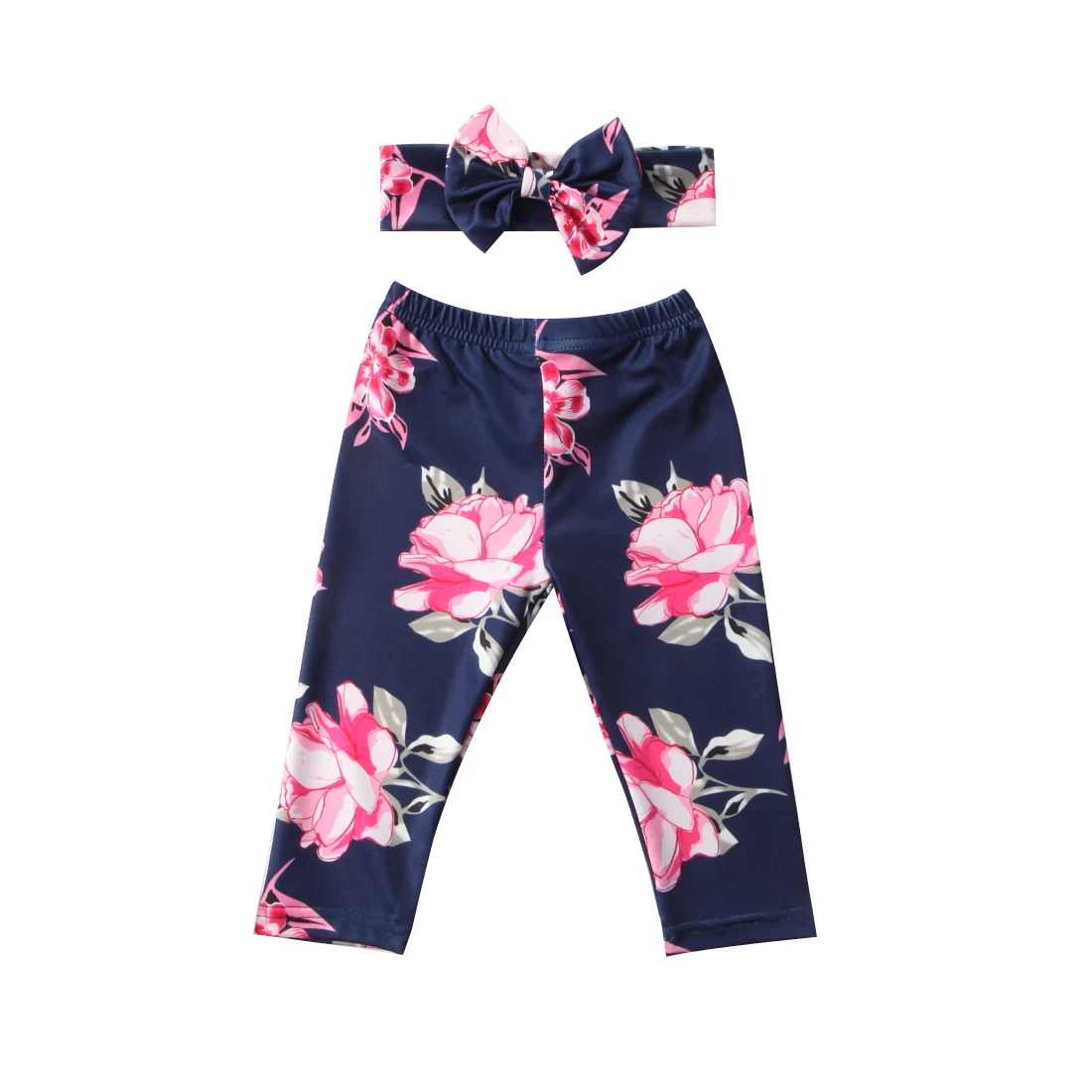 Одежда с цветочным принтом для Новорожденные девочки; леггинсы; брюки для малышей+ повязка на голову; детская одежда для девочек - Цвет: Navy Blue