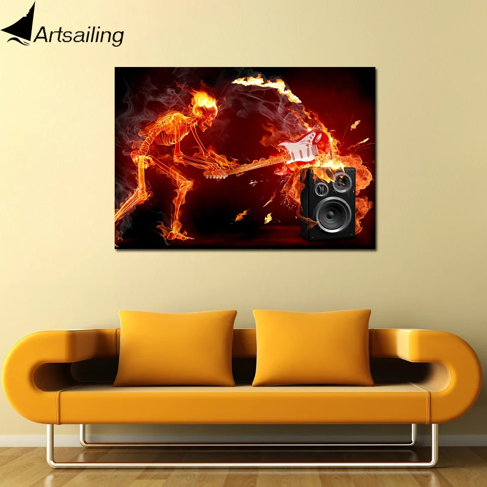 

ArtSailing HD print 1 piece canvas painting skeleton skull burning guitar posters wall art pictures for living room home decor
