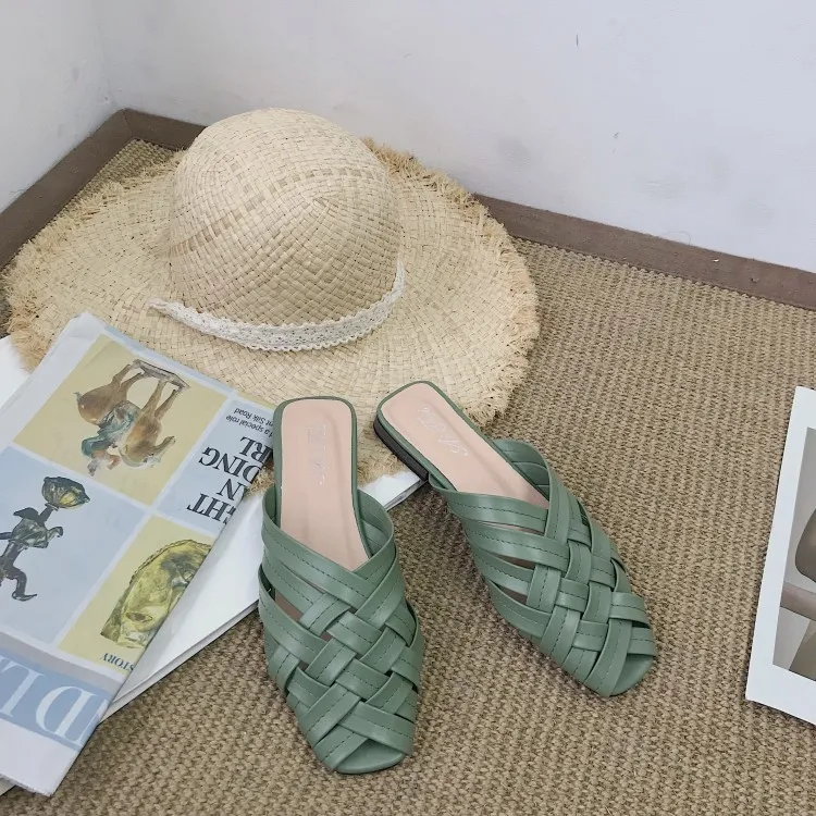 

Women's Outside Slippers Low Heel Shoes Ladies Sexy Open Toe Slippers Student Beach Shoes Stylish Weaving Vamp 2019 Summer New