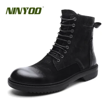 

NINYOO New Spring Motorcycle Boots Men Genuine Leather Winter Shoes High Quality Waterproof Autumn Ankle Martin Boots With Fur