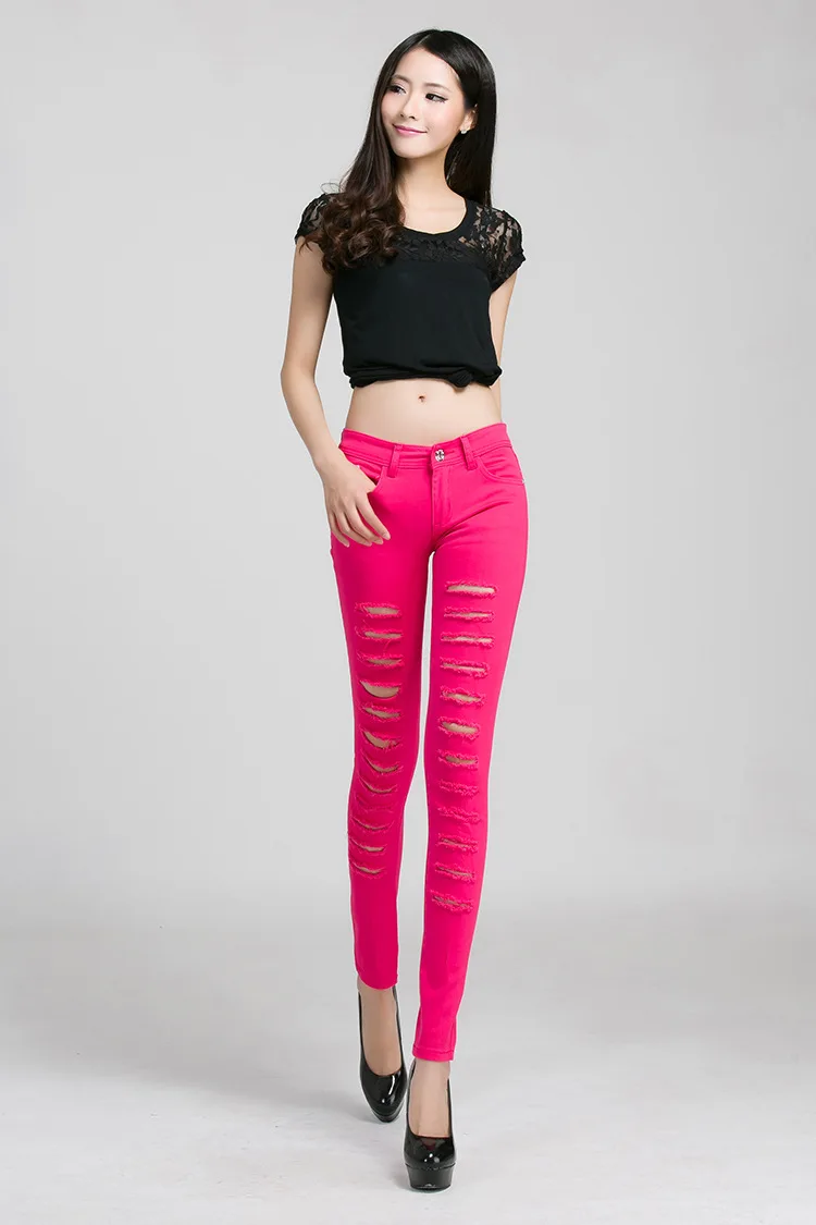 2019 новые черные джинсы узкие брюки Для женщин Высокая талия Узкие рваные повседневные джинсы из денима стрейч обтягивающие джинсы-скинни