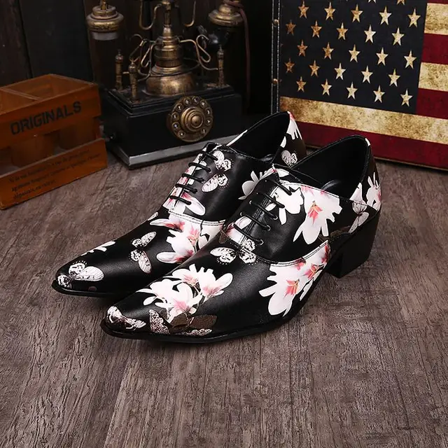 Hot Sale Pink Flowers Print Black Men Dress Shoes Chunky Heels Lace Up