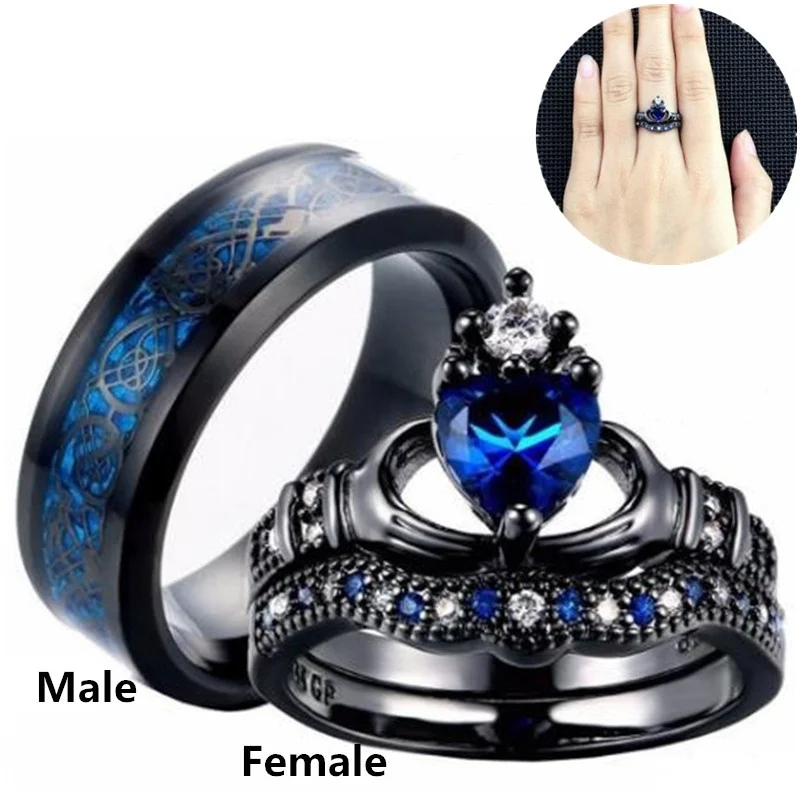 

Fashion Couple Rings Stainless Steel Rock Crystal Men's Band Filled Claddagh Ring Heart Women's Wedding Ring Sets