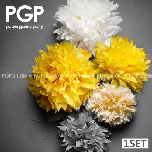 

[PGP] Yellow & Gray Pom Set, 10 8 6 inch Light Yellow Gray, for Afternoon Tea Baby Shower Kids Birthday Autumn Party Decorations