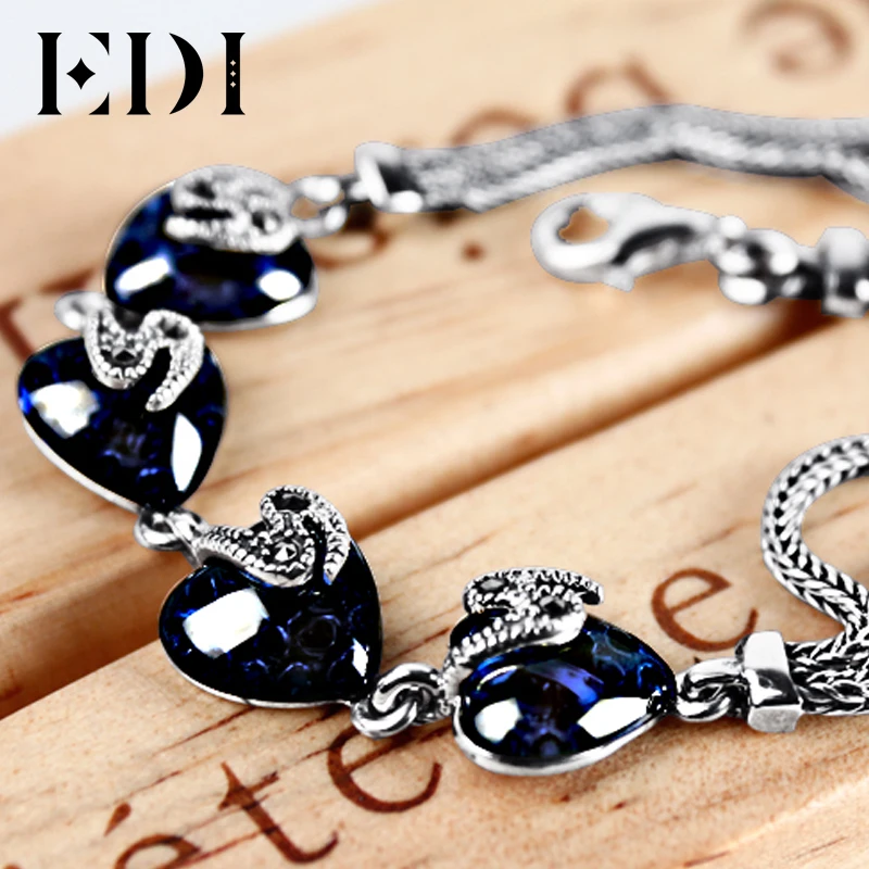 EDI Vintage Thai Silver Design Simulated Sapphire Bracelets For Women Natural Style With 925 Sterling Silver Fine Jewelry