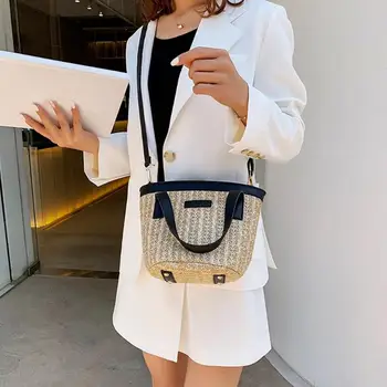 

Straw Woven Shoulder Messenger Bucket Handbags Casual Women Small Crossbody Top-handle Bags Phone Pouch 2019 Hot Selling
