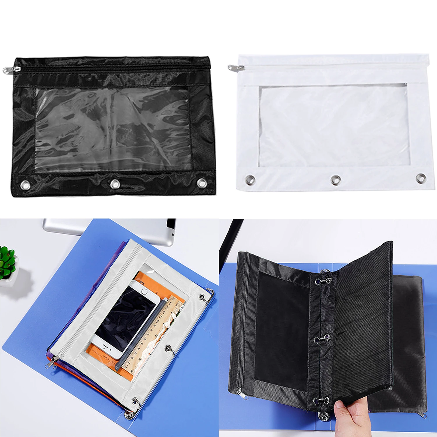2PCS 3 Ring Holes Pencil Binder Pouches Bags Cases Pockets with Zipper