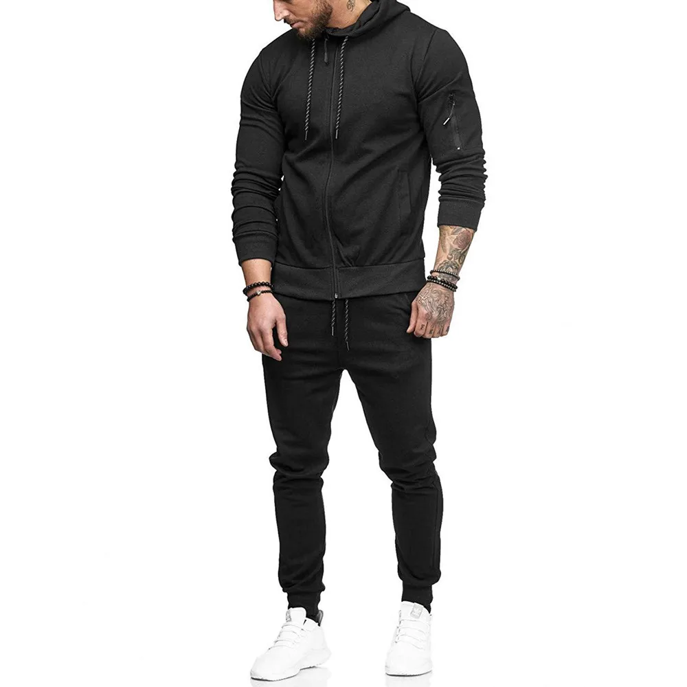 

2019 Men's Gym Tracksuit Long Sleeve Hoodie Trouser Set Men Drawstring Jogging Pants Solid Casual Sport Suit For Man D40