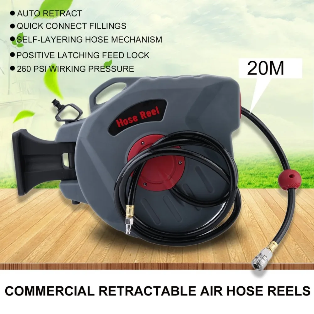 

Retractable Air Hose Reel With 1/4 NPT Stainless Steel Quick Connector 20M 180 Degree Swivel Air Hose Wall Mounted Auto Rewind