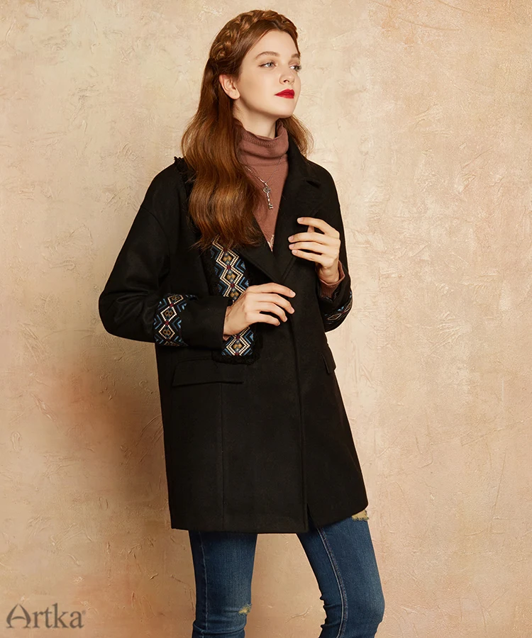 ARTKA, Осеннее Женское шерстяное пальто,, зимняя куртка, Женское пальто с вышивкой, Женская винтажная элегантная верхняя одежда, этическая куртка FA10177Q
