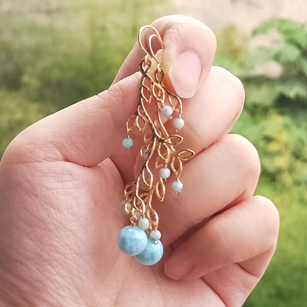 

LiiJi Natural Larimar Leaves Shape Drop Long Earrings 925 Sterling Silver Hook Earrings For Women