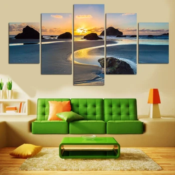 

Modern HD Printed Wall Art Frame Canvas Pictures 5 Pieces Sand Beach River Reef Sunset Landscape Paintings Posters Home Decor
