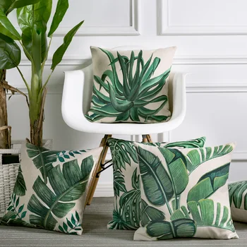 

Free Shipping Green Leaves Cushion Home Decor Tropical plants Pillow Linen Cotton Cushions Decorative Throw Pillows