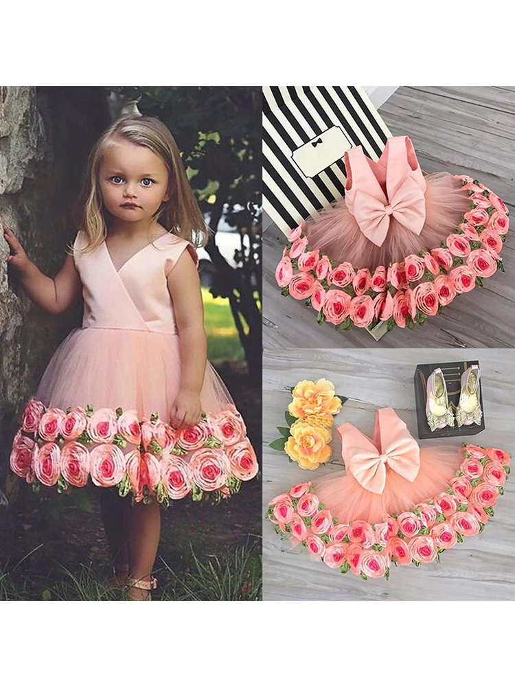 

Baby Girls Princess Dress Rose Flower Party Wedding Dress Bow knot Beauty Dresses For Girls Lace Sleeveless kids dress