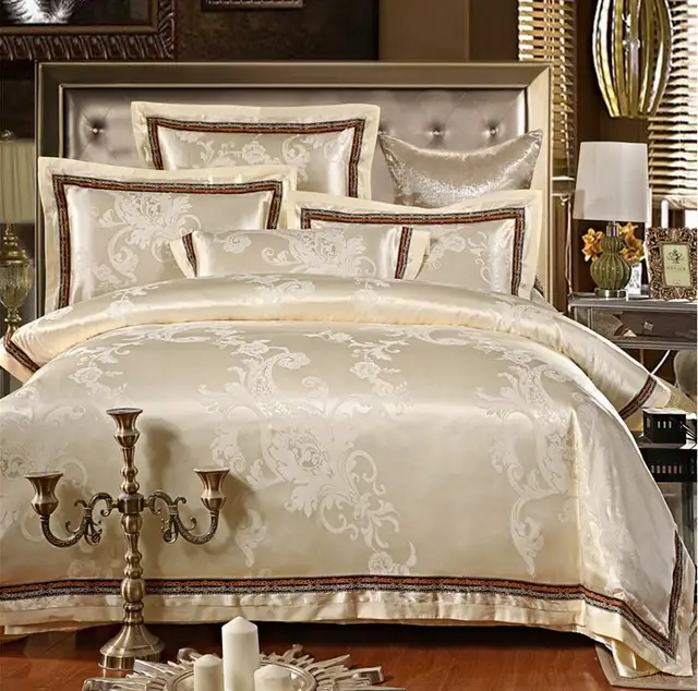 White/Gold Jacquard Bedding Set Home Textile 4pcs Satin bed set