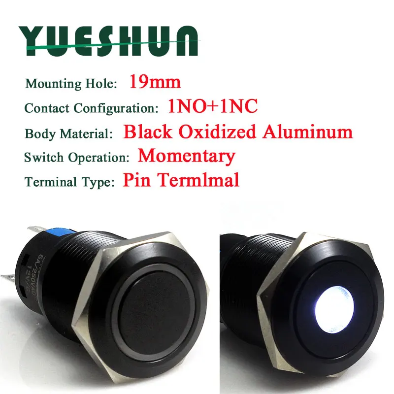 

19mm Light Switches Black Oxidized Aluminum LED Momentary Push Button Switch
