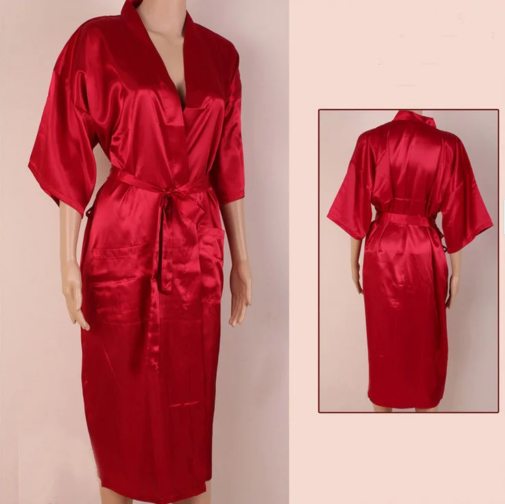 Плюс размер s-xxxl халат из искусственного шелка женские кимоно атласные длинные халаты Сексуальное белье Ночная рубашка Bridemaid пижамы с поясом - Цвет: Long Red