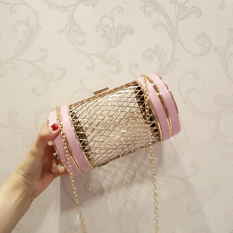

2018 new summer female bag metal hollow chain bag small cylinder casual shoulder diagonal bag