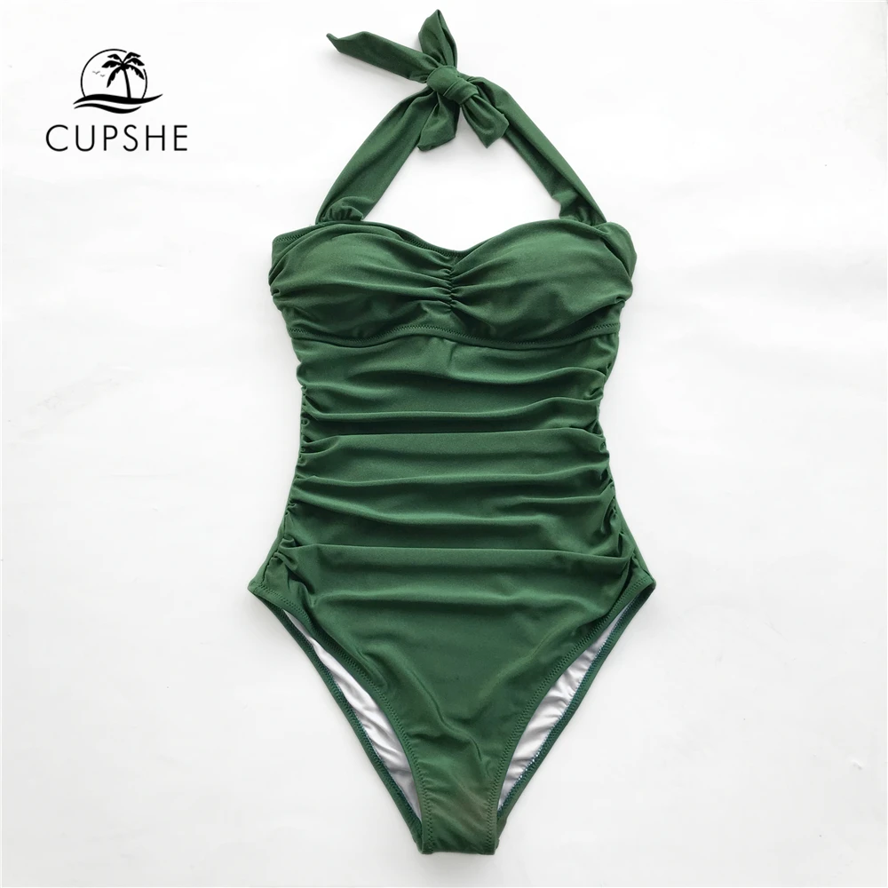 

CUPSHE Green Shirring One- Piece Swimwear Women Backless Tied Bow Halter Solid Monokini 2018 New Beach Push Up Swimsuits