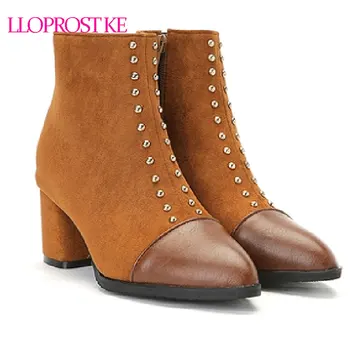 

Lloprost ke Rivet Ankle Boots For Women Flock Women Autumn Boots High Quality Thick High Heel Short Martin Boots Women D392