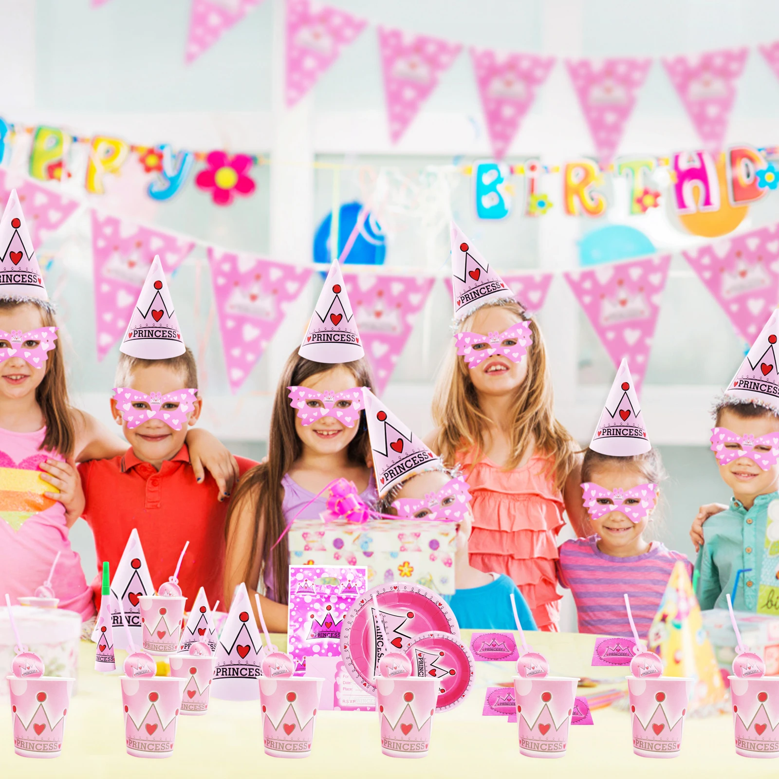  16pcs/set Princess Crown Theme Party Supplies Baby Shower Birthday Party Decoration Plates Cups Ban - 32951207461