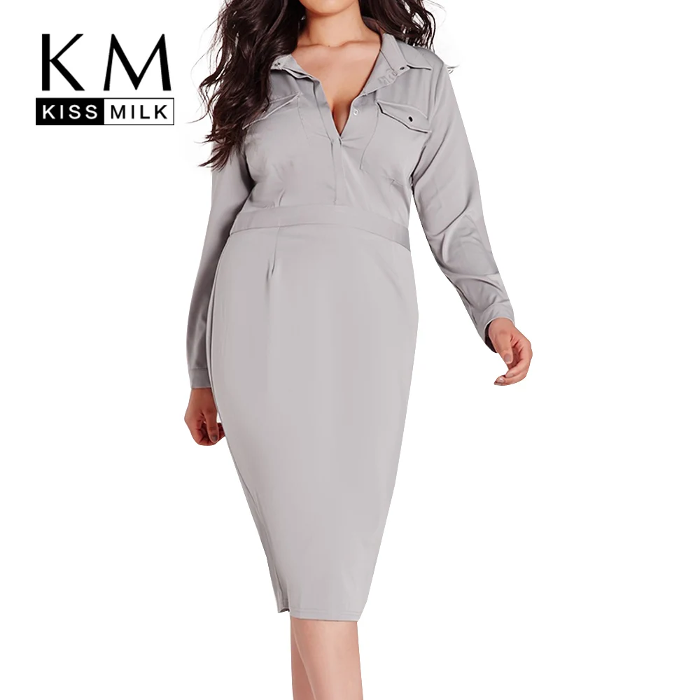 

Kissmilk Plus Size New Fashion Women Clothing Streetwear Solid OL Style High Waist Long Sleeve Big Size Dress 3XL 4XL 5XL 6XL