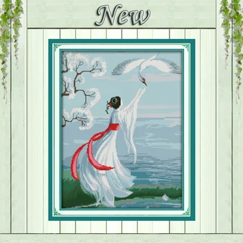 

White crane Fairy girl home decor paintings counted printed on canvas DMC 11CT 14CT kits Cross Stitch embroidery needlework Sets