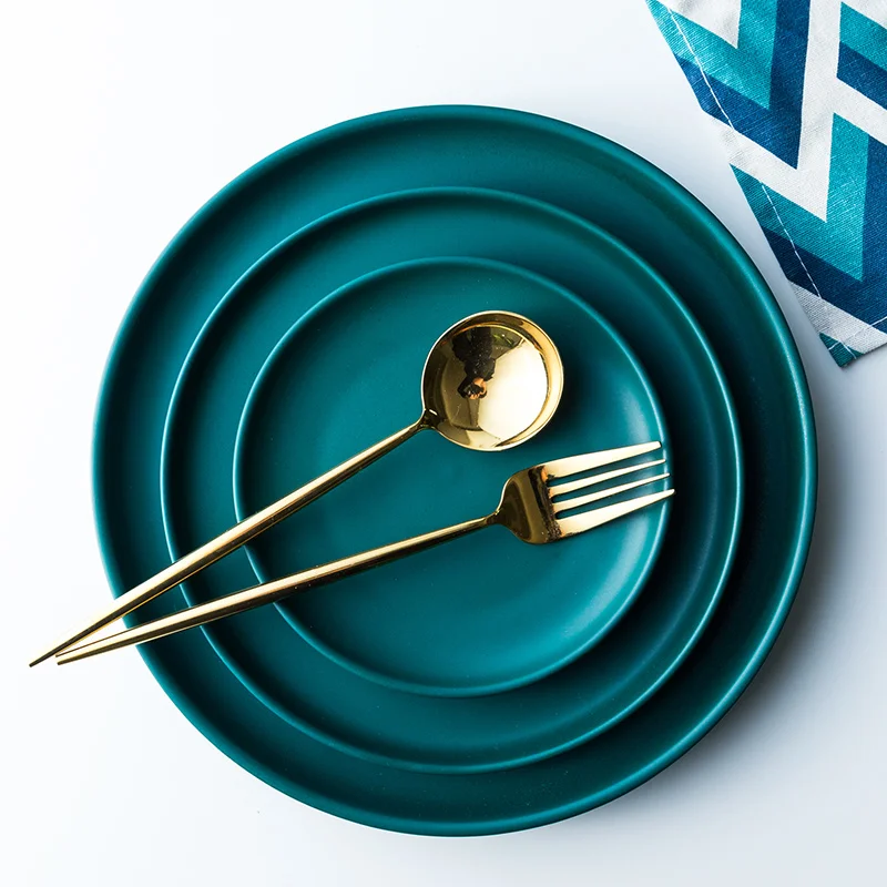 

NIMITIME European Style Nordic matte Ceramic Western Dinner Plate Dark Green Round Plate Household Steak Dinner Plate