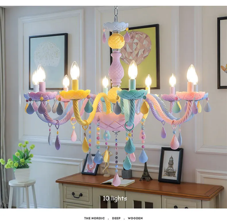 Personality colorful glass for children's room decoration chandelier macaron color crystal LED E14 lighting hanging chain adjust