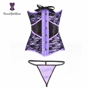 

Mateal Busk Closure Waist Cincher Shaper Black Overlay Floral Lace Boned Cupless Bustier Satin Purple Underbust Corset 875#