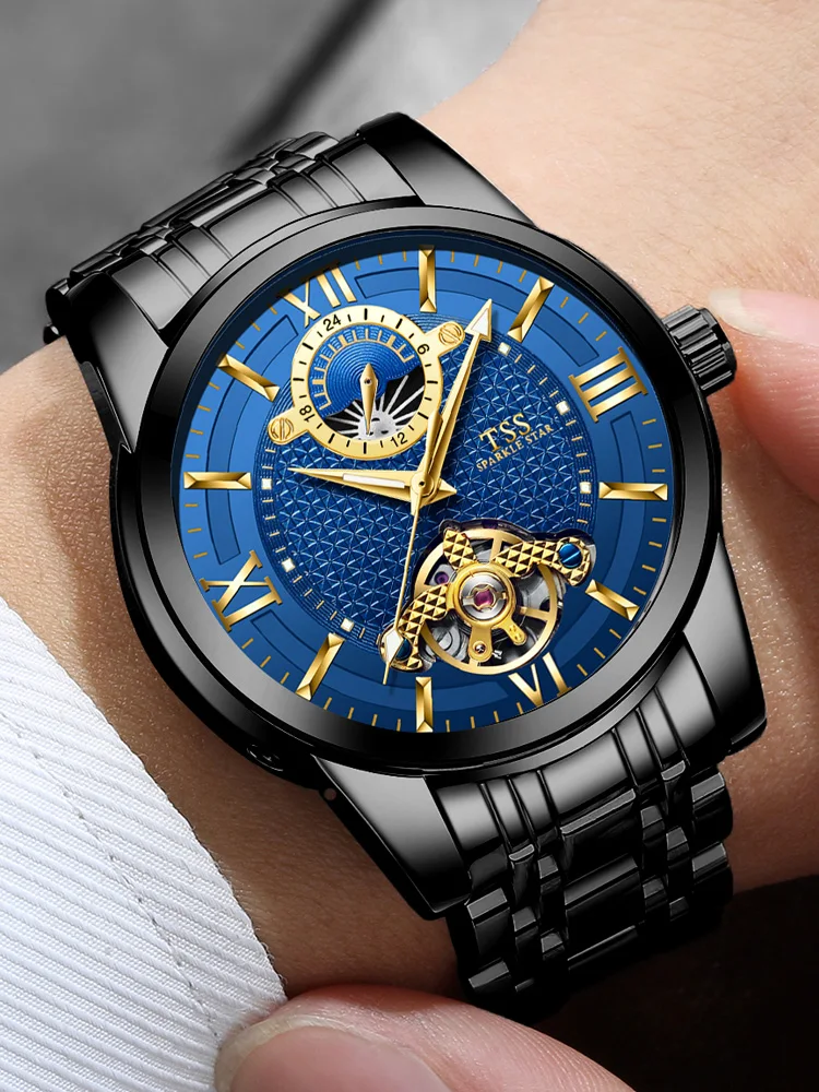 TSS T6019 الهيكل العظمي توربيون القمر المرحلة حقيقية الميكانيكية ووتش التلقائي جوفاء ساعة رجالي الاتجاه الترفيه للماء مضيئة TSS T6019 الهيكل العظمي توربيون القمر المرحلة حقيقية الميكانيكية ووتش التلقائي جوفاء ساعة رجالي الاتجاه الترفيه للماء مضيئة
