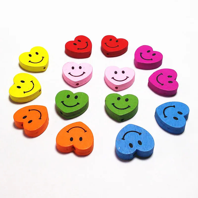

12pc Assorted Colors DIY Jewelry Accessories Wooden Spacer Beads Smiling Face Heart Pendant For Girls Children Handmade Exercise