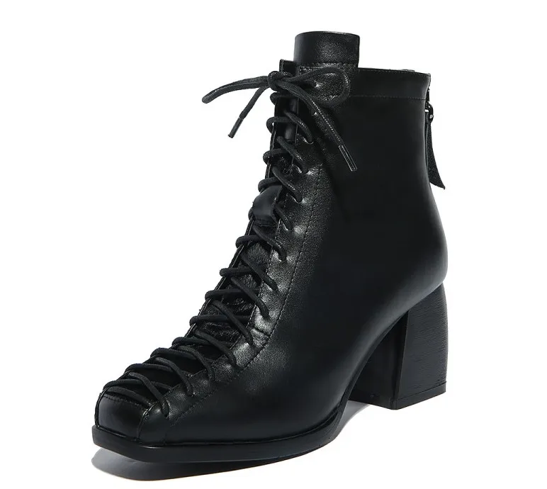 

Spring Autumn Women Square Toes Genuine Leather Lace Up Chunky Heel Lace Up Rome High Heel Ankle Boots Ladies After Zipper Boots