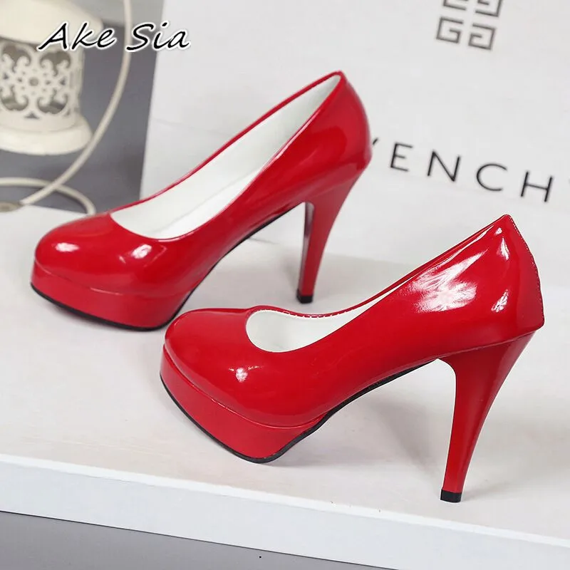 Высотой 10 см; обувь на высоком каблуке; водонепроницаемая обувь на платформе пикантная красивая обувь круглый носок средства ухода за кожей стоп в Корейском стиле; женская обувь из лакированной кожи; большие размеры s071 - Цвет: red