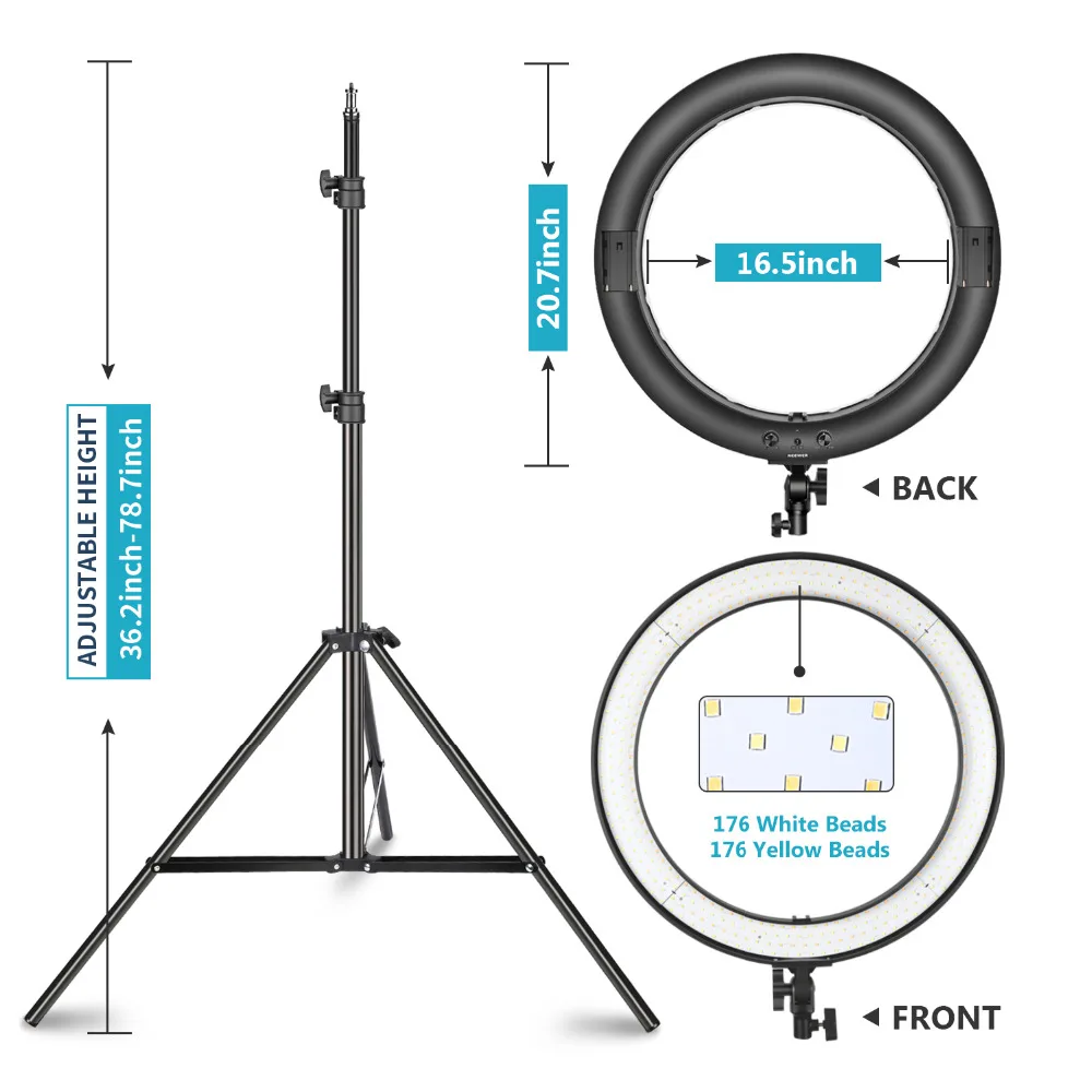 Neewer 20-inch LED Ring Light Kit:(1)44W Dimmable Bi-color Circle Light(1)2M Pro Light Stand(1)Ball Head(1)Phone Holder