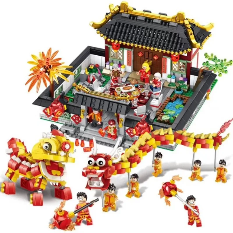 

Chinese series Spring Festival New Year's Eve Family Dinner Dragon dance Compatible legoingly Building Blocks Bricks City Toys