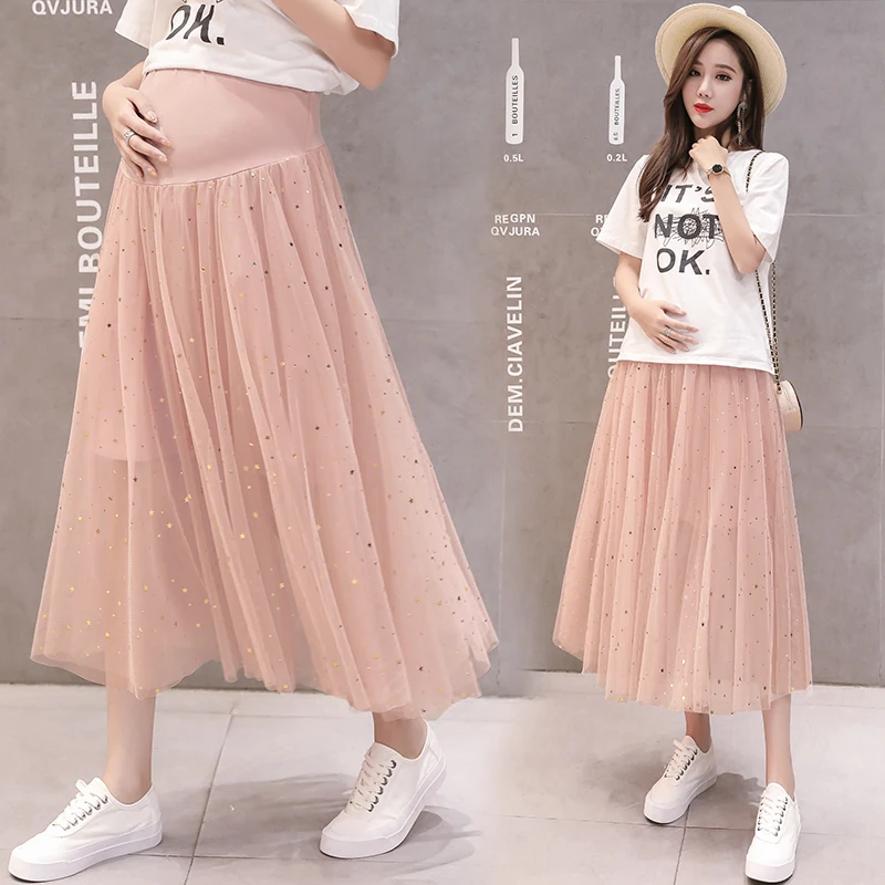 

691# Sweet Gauze Chiffon Maternity Long Skirt Summer Fashion Clothes for Pregnant Women Elastic Waist Adjustable Belly Pregnancy